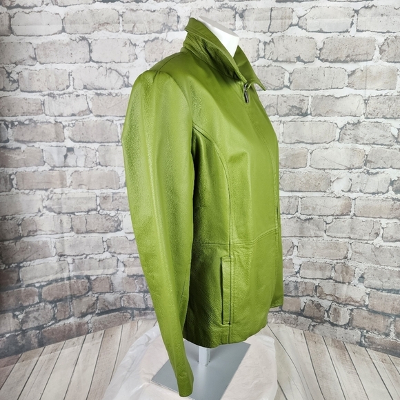 B by Bernardo Leather Jacket  Zip Front Lime Green Size Medium - Picture 6 of 13